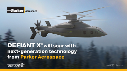 Highly integrated hydraulics and flight controls from Parker Aerospace land the lowest risk and weight, plus highest reliability for the Sikorsky-Boeing DEFIANT X® that is part of the Future Long-Range Assault Aircraft (FLRAA) competition. Photo courtesy of Sikorsky-Boeing. (Graphic: Business Wire)