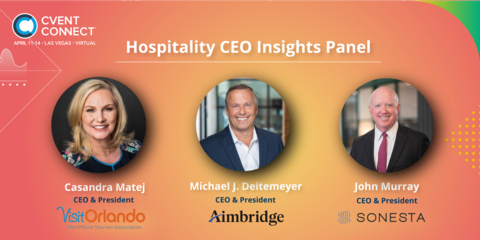 Michael J. Deitemeyer, President & CEO of Aimbridge Hospitality; Casandra Matej, President & CEO of Visit Orlando; and John Murray, President & CEO of Sonesta International Hotels Corporation will participate in a panel discussion on the main stage at Cvent CONNECT. (Graphic: Business Wire)