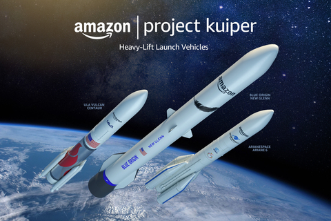Artist's concept of the Ariane 6, New Glenn, and Vulcan Centaur rockets to be used by Amazon's Project Kuiper. (Photo: Business Wire)