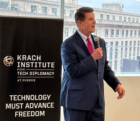 Keith Krach addresses guests as the Krach Institute for Tech Diplomacy is launched. (Photo: Business Wire)