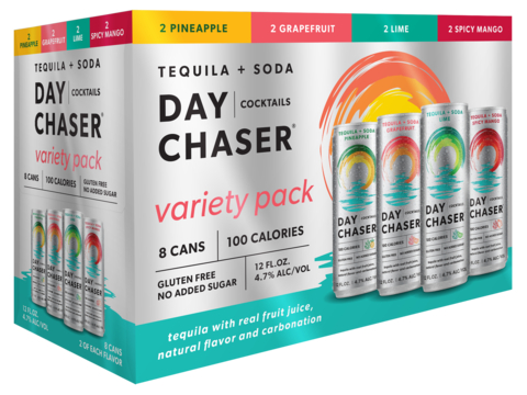 Day Chaser is a refreshing spirit-based canned cocktail made with real fruit juice and sparkling water. The easy drinking beverage is perfect for those living an active lifestyle full of adventure. All Day Chasers are 100 calories and certified gluten free with only 2 grams of carbs, 1 gram of sugar and no artificial ingredients. (Photo: Business Wire)