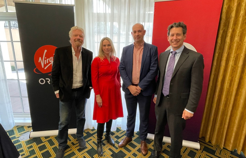 (Left to Right) Virgin Orbit Founder Sir Richard Branson, Head of Spaceport Cornwall Melissa Thorpe, Head of Space Access for the Satellite Applications Catapult Michael Curtis-Rouse, and Virgin Orbit CEO Dan Hart attend the National Space Symposium 2022 in Colorado Springs, CO (Photo: Business Wire)