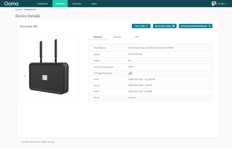 Ooma has introduced the Ooma Remote Device Manager, a web portal for monitoring and managing its Ooma AirDial turnkey POTS replacement solution. The Device Details view of the Remote Device Manager is shown here. (Graphic: Business Wire)