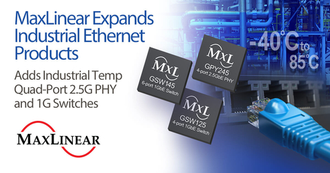 MaxLinear expands industrial Ethernet product family by adding industrial temperature quad-port 2.5G PHY and 1G switches (Graphic: Business Wire)
