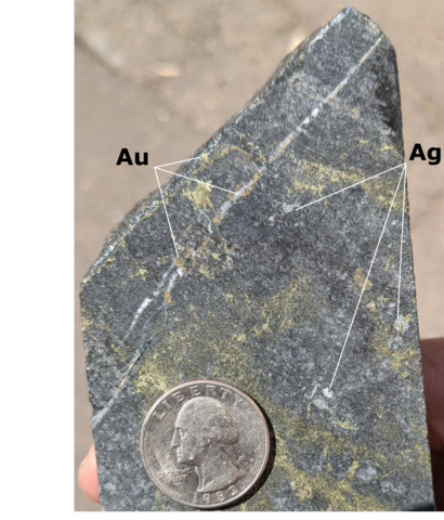 thumbnail Figure 4. Visible gold observed in Hole KM-21-60, in the interval from 634.3 m to 635.5 m downhole, which intersected 1.2 m grading 273.0 g/t Au, 5.6 % Cu, 0.2% Zn, and 715 g/t Ag. This is part of a broader 93.3 m interval, from 554.7 to 648.0 m, grading 8.3 g/t AuEq. See Table 1 for constituent elements, grades, metals prices and recovery assumptions for AuEq g/t calculations. Analyzed Metal Equivalent calculations are reported for illustrative purposes only (Photo: Business Wire)