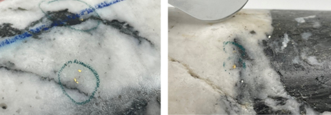 original Figure 1: Left: Photo of mineralization from NFGC-22-491 at approximately 93m down hole depth. Right: Photo of mineralization from NFGC-21-421 at approximately 21m down hole depth. Note that these photos are not intended to be representative of gold mineralization in hole NFGC-22-491 and NFGC-21-421 (Photo: Business Wire)