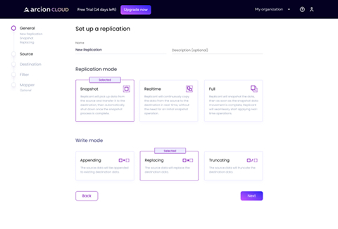 Arcion Cloud: 1. Setup replication, 2. Select a data source, 3. Select a target, 4. Filter the data, 5. Replication dashboard