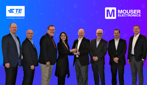 Pictured from left to right are representatives from Mouser Electronics and TE Connectivity: Sean Miller, Keith Privett, Todd Sanders, Karen Leggio, Jeff Newell, Mouser CEO and President Glenn Smith, Shad Kroeger, and Aaron Stucki. (Photo: Business Wire)