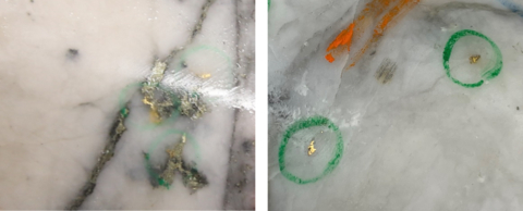 original Figure 1: Left: Photo of mineralization from NFGC-22-515 at approximately 199.3m down hole depth Right: Photo of mineralization from NFGC-22-515 at approximately 210.0m down hole depth. Note that these photos are not intended to be representative of gold mineralization in hole NFGC-22-515 (Photo: Business Wire)
