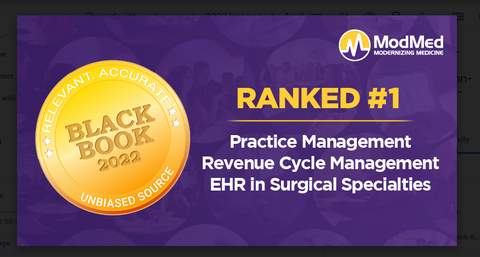 ModMed Ranks #1 by Black Book Research, taking the top spot for Integrated Practice Management, Revenue Cycle Management and EHR in Surgical Specialties. (Graphic: Business Wire)