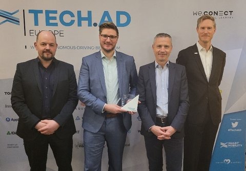 Left to Right: Sven Kopacz, Sven Leitsch, Peter Mosshammer and Aaron Newman, Keysight Technologies, accept the award at TechAD Berlin for best AV Test equipment. (Photo: Business Wire)