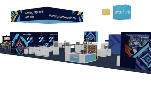 This render shows a portion of the Intel booth for PAX East 2022 with Newegg’s display of ABS (Advanced Battlestations) gaming desktop PCs and top brand laptops, all powered by 12th Gen Intel Core processors. (Photo: Business Wire)