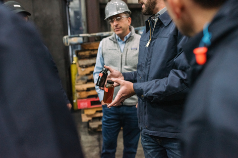 Tony Wibbeler and Nate Murphy of Bolder Industries showing samples of BolderOil, now ISCC PLUS certified, to visitors of the Maryville Bolder Industries facility. (Photo: Business Wire)