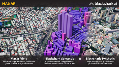 Blackshark.ai will leverage Maxar's global cloudless satellite imagery basemap, Vivid, to create a highly performant and photo-realistic 3D map for enterprise and government customers in industries such as gaming, metaverse, simulation and mixed reality environments. (Graphic: Maxar Technologies)
