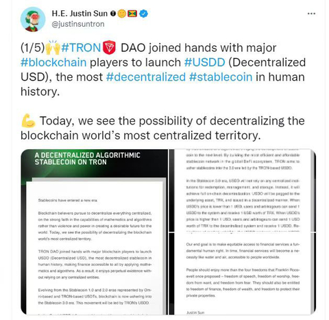 TRON Founder H.E. Justin Sun Announces the Launch of USDD — A Decentralized Stablecoin (Photo: Business Wire)
