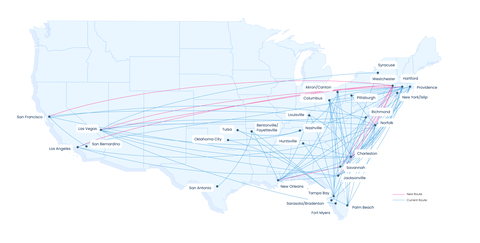 With Breeze's announcement of service from New York City's Westchester Airport, the airline will now serve 29 cities across 18 states. (Graphic: Business Wire)