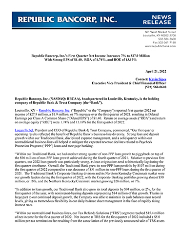 Republic Bancorp, Inc.’s First Quarter Net Income Increases 7% to $27.9 Million With Strong EPS of $1.40, ROA of 1.74%, and ROE of 13.19%