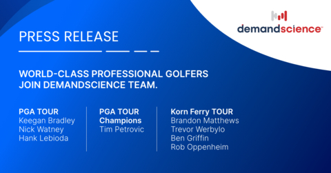 DemandScience, a global B2B data company that partners with customers to upgrade their sales pipelines, today announced new brand ambassador partnerships with eight world-class professional golfers currently playing on the PGA TOUR, PGA TOUR Champions and Korn Ferry Tour. Each of the athletes will use DemandScience-branded yardage books during play as they utilize information and insights to determine their best competitive move. (Graphic: Business Wire)