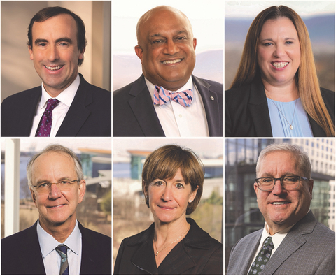 Virginia law firms Woods Rogers and Vandeventer Black announced plans to merge this year. From left to right, top row: current leadership includes Woods Rogers President Daniel Summerlin, Woods Rogers Chair Victor Cardwell, Woods Rogers Chief Financial Officer Autumn Visser, bottom row: Vandeventer Black Managing Partner Michael Sterling, Vandeventer Black Executive Board Member Deborah Casey, and Vandeventer Black Executive Director Paul Julius (Photos provided by Woods Rogers and Vandeventer Black).