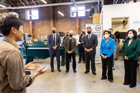 James Jeon sharing his experience working in clean energy as an EV Network Technician after graduating LACI’s Green Jobs Workforce Fellowship program, with CEO Matt Petersen, Energy Secretary Granholm, Labor Secretary Walsh, and Supervisor Hilda Solis in LACI’s Advanced Prototyping Center. (Photo: Business Wire)