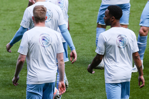 thumbnail Manchester City players wore special PUMA jerseys ahead of their clash against Watford on Saturday, which were made using repurposed football jerseys as part of PUMA’s innovative recycling project RE:JERSEY. (Photo: Business Wire)