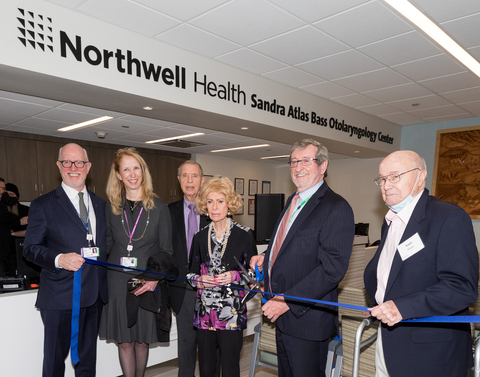 Northwell leaders join Sandra Atlas Bass in the dedication of the Otolaryngology Center. From left: Brian Lally, Dr. Andrea Vambutas, Dr. Allan Abramson, Sandra Atlas Bass, Michael Dowling and Ralph Nappi. Credit Northwell Health.