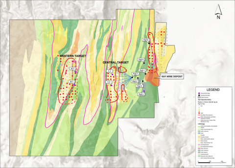 Figure 1. Plan view showing pad 7, located between the Kay Mine and the Central Target, as well as 20 planned drill holes totaling 11,000 m. The first hole is currently underway. (Photo: Business Wire)