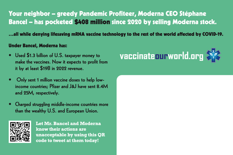 A postcard mailer by AHF as they target Moderna and its CEO Stéphane Bancel for protest during the company's (virtual) AGM over his and the company's profiteering of its successful COVID-19 vaccine. Protest signs feature a Monopoly-themed parody of artwork. (Graphic: Business Wire)