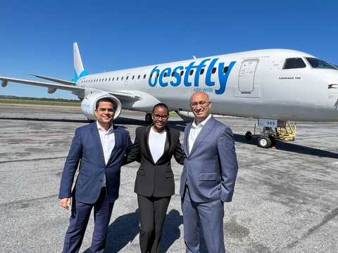 Nuno Pereira, Chief Executive Officer of Bestfly, Alcinda Pereira, Executive Director of Bestfly, and Sameer Adam, Senior Vice President, Commercial of ACIA Aero Leasing, pictured in front of the first E-190 aircraft delivered to Bestfly at Embraer's re-delivery center in Macon, Georgia. (Photo: Business Wire)