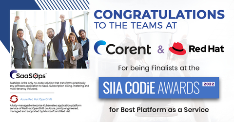 Corent Technology and IBM Red Hat are Finalists for the SIIA CODiE Awards in the category of Best Platform as a Service. www.corenttech.com (Graphic: Business Wire)