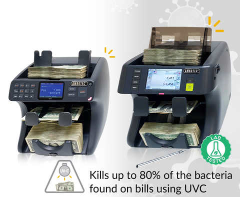 AMROTEC®’s Currency Discriminator devices, at a speed of 800 bills per minute, deactivate up to about 80% of bacteria found on the surface of bills, providing cleaner bills after being counted and processed. (Graphic: Business Wire)