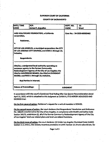 original A California court ruling this week, in a case brought by AIDS Healthcare Foundation (AHF), clarified a hotly contested legal issue about the City of Los Angeles’s attempt to avoid legal duties required of it under the Hollywood Redevelopment Plan and other redevelopment plans.