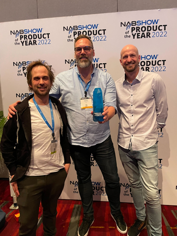 ftrack CEO Fredrik Limsater (center) with ftrack product manager Mattias Lagergren (l) and ftrack Australia manager Rory McGregor (r) as they celebrate ftrack Review's win in the remote production category at the 2022 NAB Show Product of the Year Awards. (Photo: Business Wire)