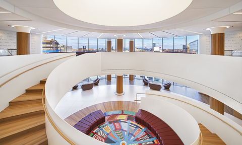 Rock Ventures and Rock Family of Companies headquarters monumental staircase with views of Detroit. Photography by John D’Angelo