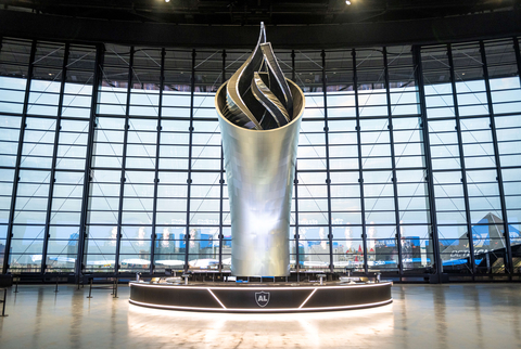 For the nine-story-high Al Davis Memorial Torch at Las Vegas Raiders’ stadium, Dimensional Innovations used its Thermwood LSAM machine to 3D-print 225 large blocks. Made of Techmer PM’s Electrafil® 3DP carbon-fiber-reinforced polycarbonate composite, each block weighs about 350 pounds. The exterior was then fitted with 1,148 aluminum panels to provide the reflective surface. (Photo courtesy of Dimensional Innovations)