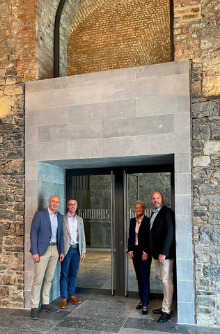 thumbnail Leadership team of Transact/Limerick at the door of the newly opened R&D office in the historic Gardens International Building in Limerick, Ireland. Left to right, John Gleeson, Transact/Limerick general manager, John Burton, Transact sr. director product development, Nancy Langer, Transact CEO, and Taran Lent, Transact VP of product development. (Photo: Business Wire)