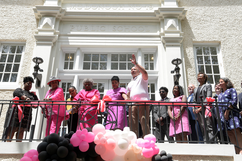 original In the foreground, the women in pink, from left to right, Gail Etienne, Leona Tate, Tessie Prevost, who desegregated McDonogh No. 19 in 1960 at the age of 6, and National Urban League President and CEO Marc Morial cut the ribbon at the renovated building, now home to affordable apartments for seniors and an anti-racism center. (Photo: Business Wire)