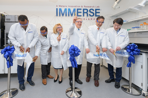Science and academic leaders officially open Immerse Delaware, a Waters Corporation innovation & research laboratory located at the University of Delaware (UD). From left to right: Levi Thompson, Dean of the College of Engineering, UD; Chai Gadde, CEO of BioTek reMEDys; Eleni Assanis, First Lady, UD; Dennis Assanis, President, UD; Udit Batra, CEO & President, Waters Corp.; Kelvin Lee, Director of NIIMBL. (Photo: Business Wire)