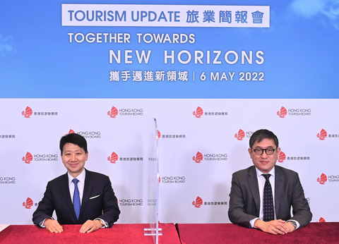 HKTB Chairman Dr Y K Pang (left) and Executive Director Dane Cheng (right) shared the revival plan of HKTB with 3,200 trade representatives, highlighting Hong Kong’s vibrant developments and new experiences. (Photo: Business Wire)