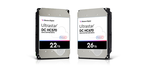 Western Digital's 22TB Ultrastar DC HC570 HDD and 26TB DC HC670 UltraSMR HDD with OptiNAND technology. (Photo: Business Wire)
