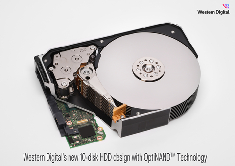 Inside look at Western Digital's 10-disk hard disk drive with OptiNAND technology integrating iNAND and HDD. (Photo: Business Wire)