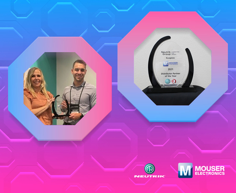Mouser Electronics has been honored with the Distributor Partner of the Year Award from Neutrik Americas. Pictured are Amy Moscardini of Neutrik and Ryan Virostek of Mouser Electronics.  (Photo: Business Wire)