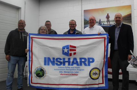 Yamaha Marine Precision Propellers (YPPI) of Indianapolis is a certified participant in the Indiana Safety and Health Achievement Recognition Program (INSHARP). Pictured left to right: David Duran, YPPI Environmental Health and Safety Supervisor; Cheryl Kuritz, INSHARP Health Consultant; Harold Davidson, INSHARP Safety Consultant; David Harner, YPPI Indianapolis General Manager; Bill Boehman, Yamaha U.S. Marine Business Unit Vice President; Joseph Hoage, Indiana Commissioner of Labor. (Photo: Business Wire)