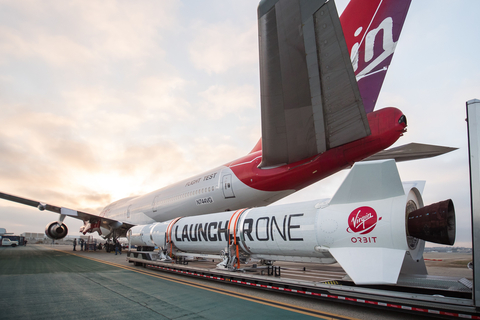 LauncherOne arrives on the runway at Long Beach Airport for a fit check with Cosmic Girl in October 2018. Credit: Virgin Orbit