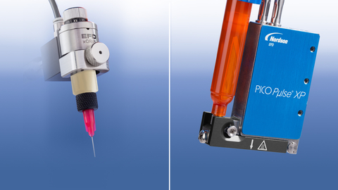 xQR41 Series MicroDot™ needle valve (left) and PICO Pµlse XP jet valve (right). (Photo: Business Wire)
