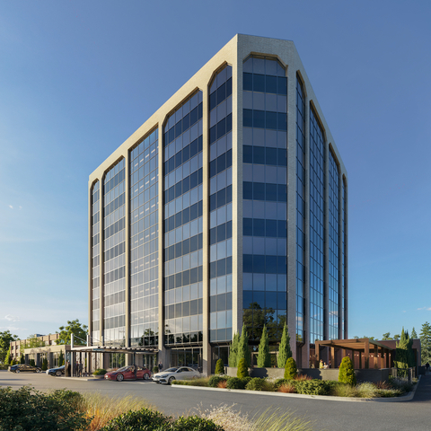 original The nine-story 7201 Metro Blvd. building of The E office campus in Edina, MN was recently renovated and inked its first tenants. (rendering by Bogza, courtesy City Center Realty Partners)