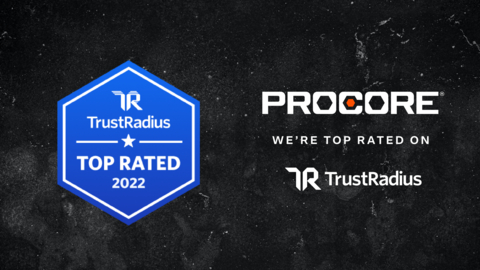 Procore recognized by TrustRadius as a leader in the Construction category of the 2022 Top Rated Product Awards. (Graphic: Business Wire)