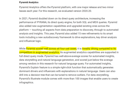 "While Pyramid scored well across all four use cases, it is notably strong compared to its competitors in augmented analytics." (Gartner, Gartner Critical Capabilities for Analytics and Business Intelligence Platforms, Kurt Schlegel, Rita Sallam, Austin Kronz, Julian Sun, David Pidsley, Anirudh Ganeshan, Georgia O'Callaghan, Kevin Quinn, Shaurya Rana, Christopher Long, 3 May 2022)