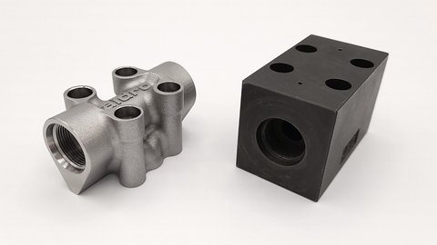 A unique hydraulic valve (left) that was binder jet 3D printed on a Desktop Metal Shop System by Aidro, a world-leading producer of 3D printed hydraulic systems based in Italy, will be on display at RAPID + TCT. The 17-4 stainless steel valve delivers a 60% weight reduction compared to its conventionally manufactured counterpart (right). (Photo: Business Wire)