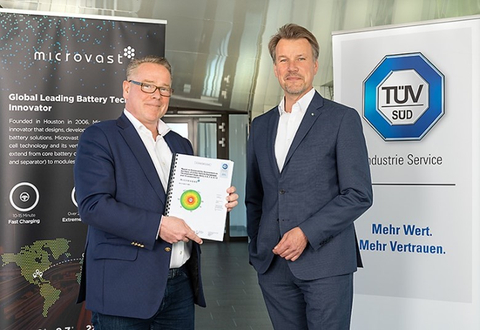 original Sascha Kelterborn, President of Microvast, receives sustainability report from Ferdinand Neuwieser, Chief Executive Officer of TÜV SÜD. (Photo: Business Wire)